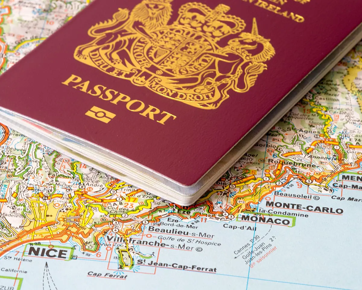 UK passport on Nice and Monaco map