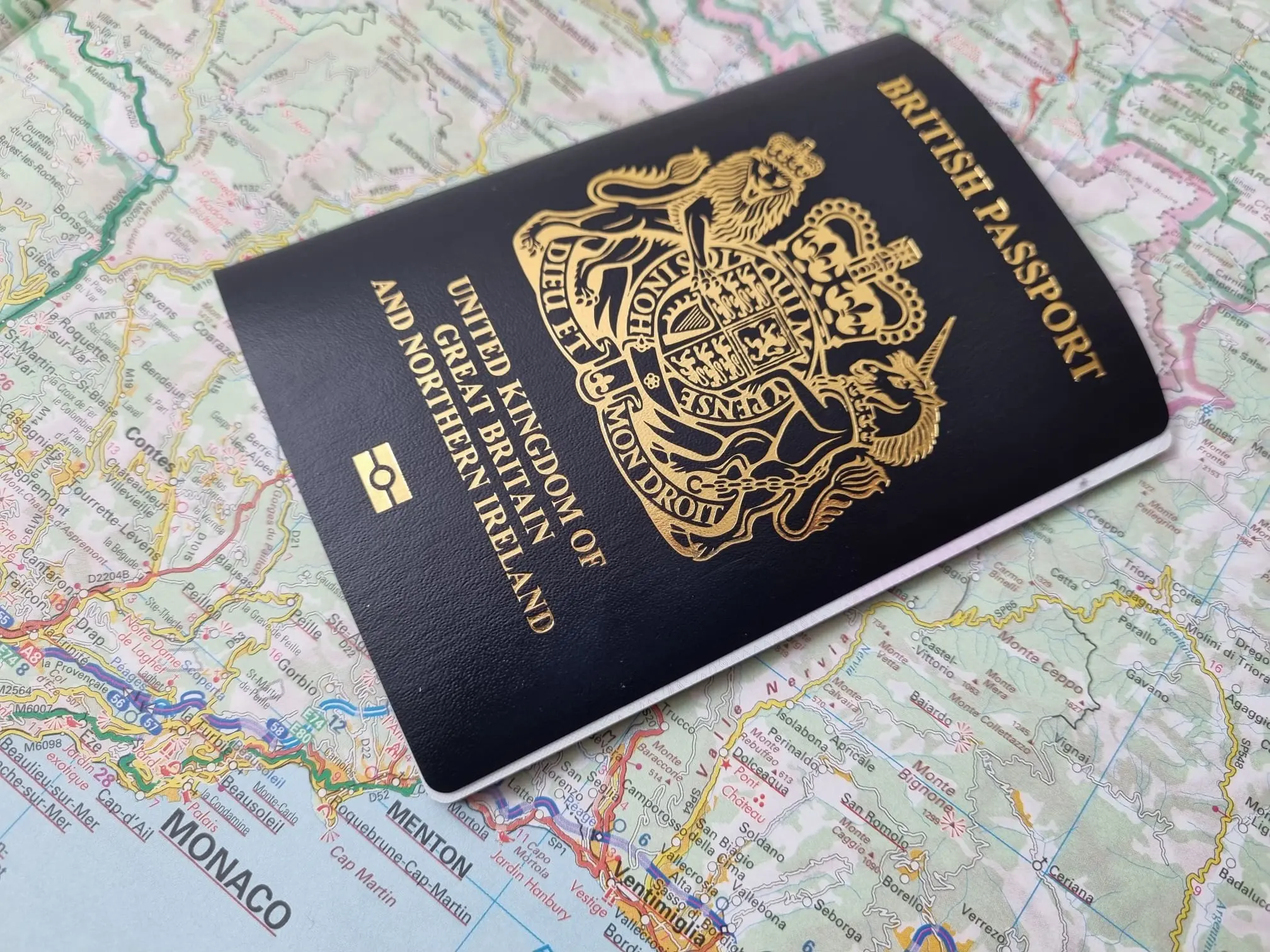 British passport on European travel map