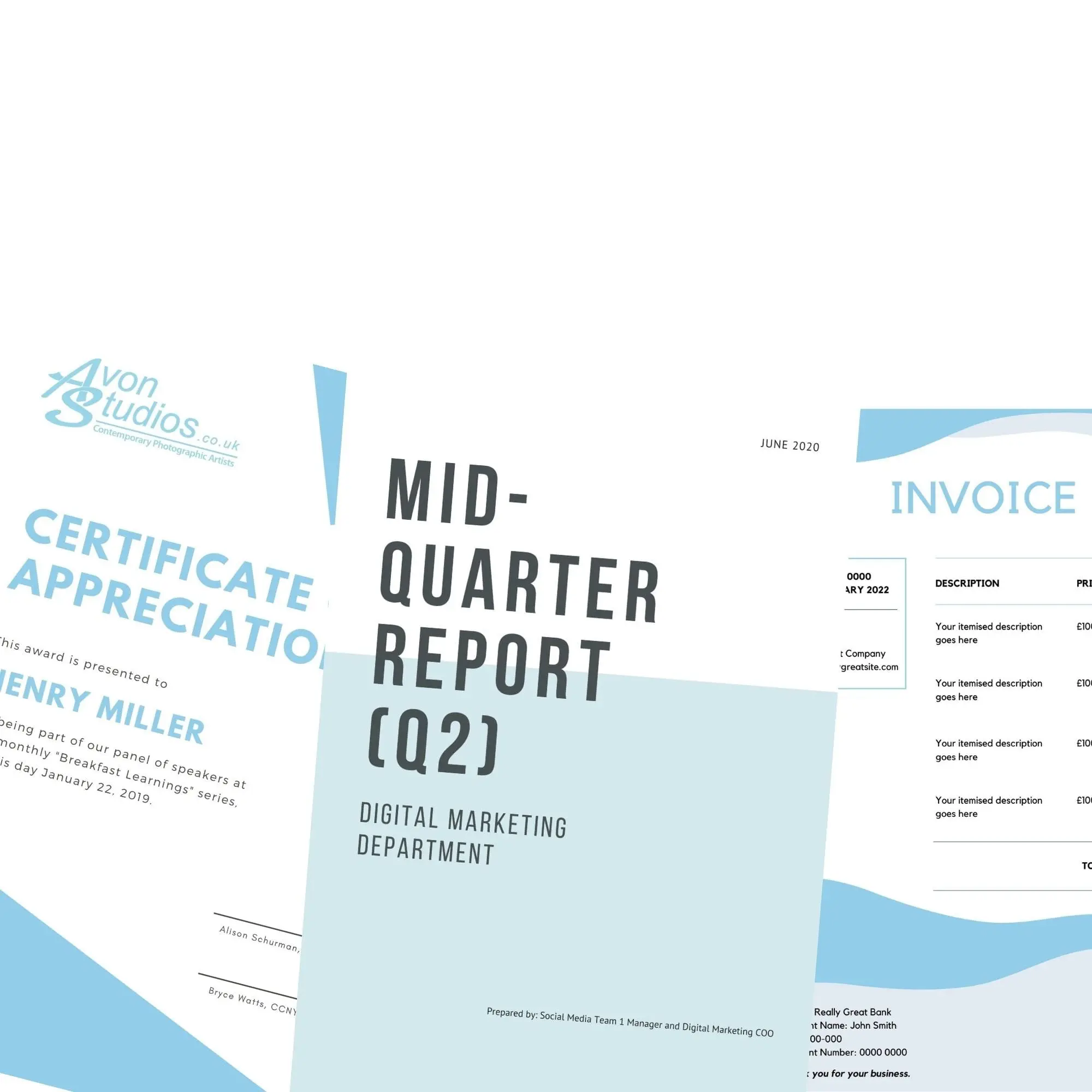 Certificate, report, and invoice documents displayed together.